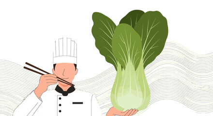 Chef Presenting Fresh Pak Choi with Chopsticks on Black Backdrop Composition