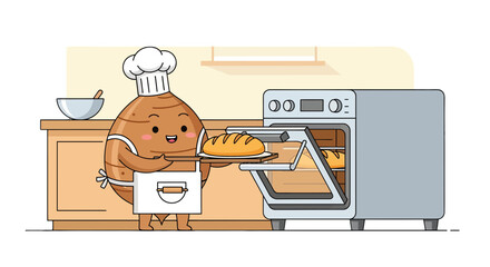 Chef Potato Presenting Freshly Baked Bread From A Shiny Oven In The Kitchen
