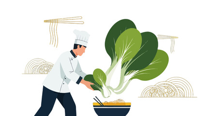 Chef Prepares Fresh Bok Choy for Noodles in a Stylish and Modern Minimalist Illustration
