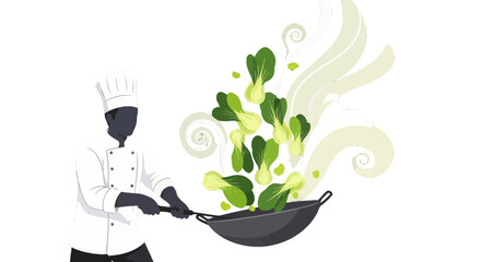 Chef Prepares Fresh Bok Choy in Wok, Culinary Art and Flavorful Preparation Illustration