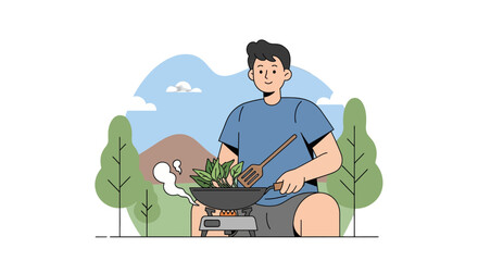 Chef Prepares Fresh Green Food In A Beautiful Outdoors Nature Scene Cartoon
