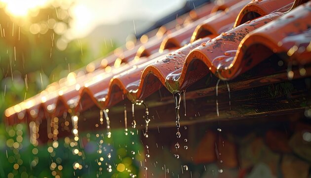 Rain falling on a tiled roof on a sunny day. Water droplets flow down from the clay tiles