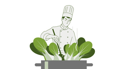 Chef Preparing Fresh Vegetables: Culinary Artistry In Minimalist Illustration Style