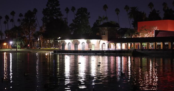 Night lights illuminate historic Lincoln Park in Lincoln Heights in the city of Los Angeles, California, USA.