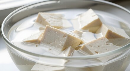 Fresh Tofu Cubes Submerged in Water in a Glass Bowl, a Healthy Ingredient for Various Culinary Creations