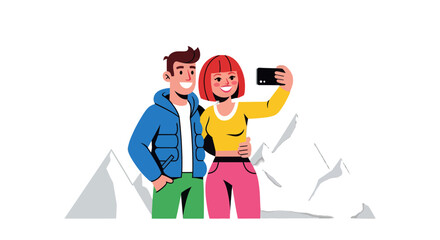 Fototapeta premium Couple Captures Mountain Moment: A Selfie Symphony Amidst the Peaks