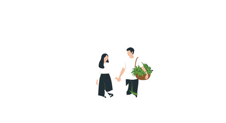 Fototapeta premium Couple Strolling Hand-in-Hand, Carrying Leaves in Woven Bag, Black Background Design