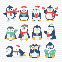 Collection of cute cartoon penguins in winter attire and activities.