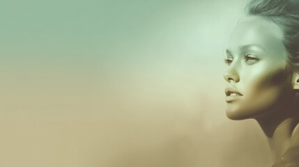 A serene portrait of a woman with a thoughtful expression, set against a soft gradient background,...