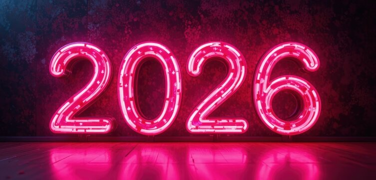Bright pink neon number 2026 on dark grunge wall background with floor reflection for New Year party.