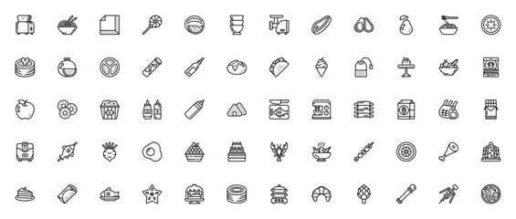 Gastronomy icon set. Food and kitchen vector illustrtions. Featuring toaster, oodles, sushi, steak, avocdo, cake, coffee machine ad more. Editable stroke.