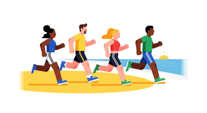 Diverse Group Joyfully Running At The Seaside During The Sunrise In Colorful Illustration - Powered by Adobe