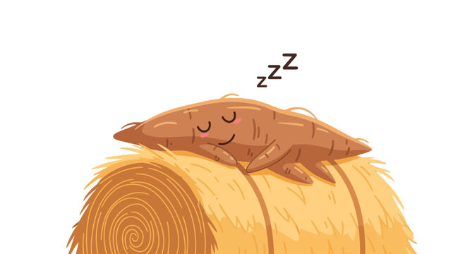 Cute Cartoon Vegetable Napping Comfortably on Hay Bale After A Long Day