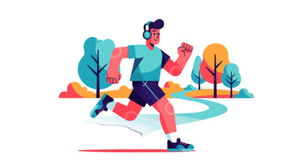 Energetic Runner Joyfully Enjoying a Morning Run in a Vibrant Park Illustration