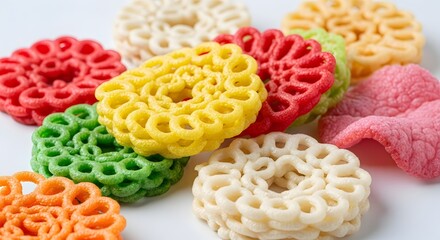 A vibrant assortment of colorful ring-shaped crispy puffed snack crackers isolated on a clean white background