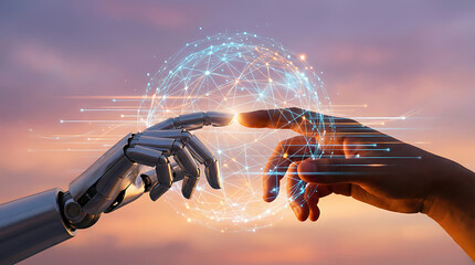 Humanity and Technology Connecting for a Brighter Future, Featuring a Robot Hand Touching a Human Hand. Glowing Network Sphere, Symbolizing Artificial Intelligence & Innovation, a Global Collaboration