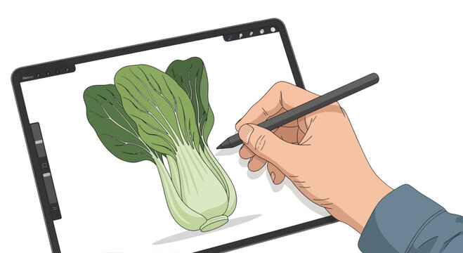 Digitally Illustrated Bok Choy Being Created on a Tablet Device by a Hand With Stylus