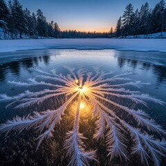 Enchanting Winter Dawn Reflecting Through Delicate Ice Frost Patterns on a Serene Frozen Lake