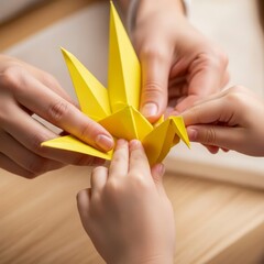 Adult and child hands collaboratively folding bright yellow origami crane art together