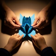 Adult and child hands collaboratively crafting an intricate blue origami lotus blossom artwork