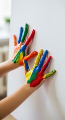 Vibrant painted hands pressing against a white wall expressing childhood creativity and artistic joy