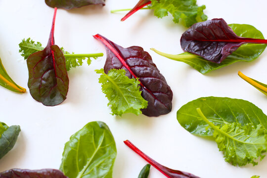 Mixed of fresh vegetable green leaves, including green kale and red-veined chard, spinach on white background. - Powered by Adobe