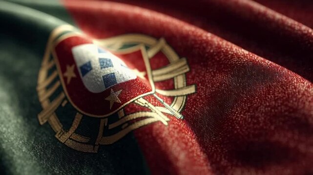 Detailed view of the Portugal flag, conveying patriotism, national identity, and a sense of pride and heritage with its rich colors and texture