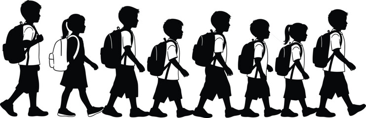 Silhouette illustration of school children walking in a line with backpacks, educational concept design, student group movement, back-to-school vector artwork, classroom learning theme