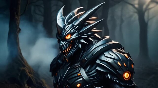 &ldquo;Armored Infernal Titan Emerging Beneath a Cosmic Moon in an Enchanted Bioluminescent Forest&rdquo;