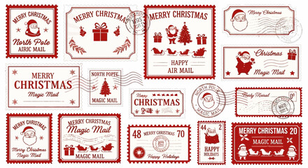 Create festive holiday cheer with charming Christmas stamps and postage designs perfect for seasonal greetings, letters, and gift tags, originally a vector graphic