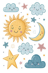 Delightful celestial dreams with smiling sun, crescent moon, and fluffy clouds create peaceful nursery decor or whimsical children's designs for storybooks and more