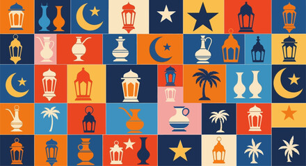 Vibrant cultural pattern evoking Ramadan celebration, featuring stars, moons, lanterns, and palm trees, perfect for festive and spiritual designs