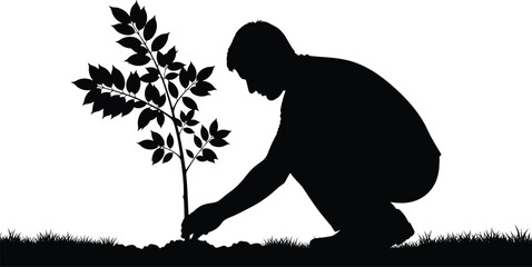 Silhouette of a man planting a young tree in soil, promoting nature conservation, environmental protection, sustainable gardening and ecological awareness in vector illustration