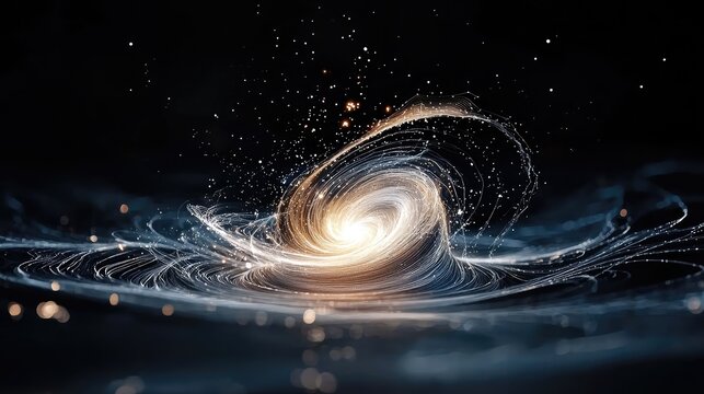 A bright, swirling vortex of light and particles creates a dynamic, cosmic scene against a deep black background.