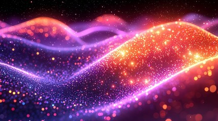 A dynamic abstract scene featuring undulating waves of shimmering particles in shades of purple and orange, set against a dark, speckled background.