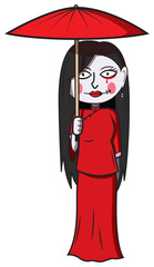 Red-clad female ghost holding an umbrella - vector illustration