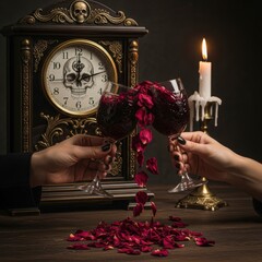 Dark Romantic Toast, Spilled Red Rose Petals, Skull Clock, and Candlelight Ambience