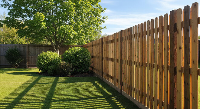 wooden fence in backyard with green grass and tree