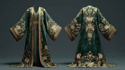 A luxurious green and gold robe with intricate embroidery displayed on a neutral background front and back