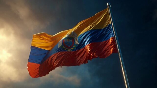 Ecuadorian flag waving proudly against a dramatic sky, perfect for patriotic projects, travel promotions, and celebrating Ecuadorian culture - Powered by Adobe