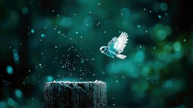 A small owl with white and grey feathers is captured mid-flight, taking off from a weathered wooden post. The background is a dark, blurred forest with glowing