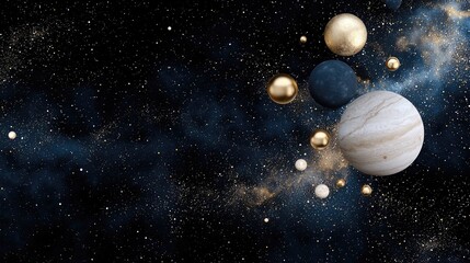 A collection of planets and spheres of various sizes and colors float in a dark, star-filled expanse with nebulae and golden dust.