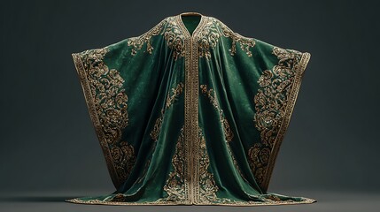 A luxurious emerald green velvet kaftan with intricate gold embroidery displayed on a gray background