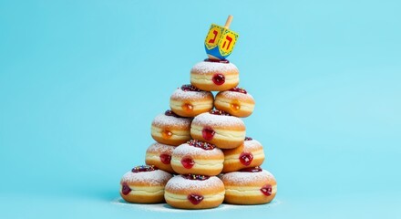 A delightful pyramid of Hanukkah sufganiyot, jelly-filled donuts topped with a dreidel