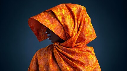 Portrait of a woman with dark skin wearing a patterned orange headscarf against a dark blue background