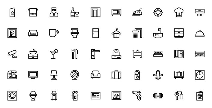 Hotel service icon set. Vector illustration featurin symbols for menu, towel, ellboy, wine, elevator, mirowave, iron, lifeguard, cef, air conditioner, parkig and more.