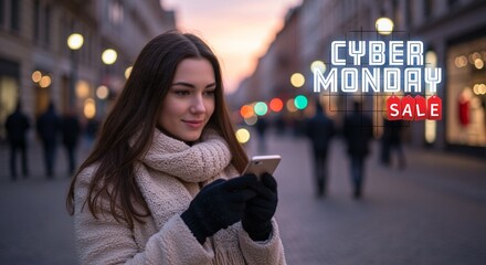 Cyber monday sale banner design concept. Young beautiful woman using mobile phone at dusk in the city on a winter day.