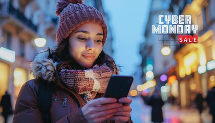 Cyber monday sale banner design concept. Young beautiful woman using mobile phone at dusk in the city on a winter day. 
