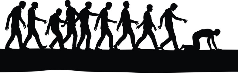 Silhouette illustration of human evolution concept showing man walking backward to crawling, social decline, devolution, and regression idea in creative vector design