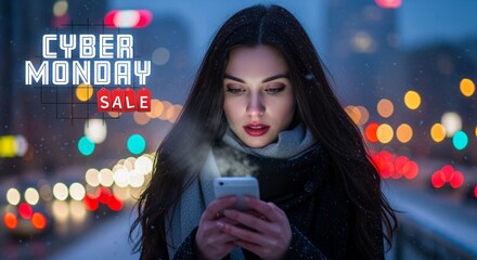 Cyber monday sale banner design concept. Young beautiful woman using mobile phone at dusk in the city on a winter day. 